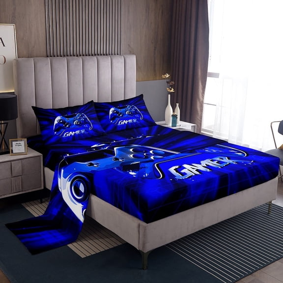 Erosebridal Male Gamepads Sheet Set Twin,Video Game Bedding Sets Twin Size,Blue Gamer Twin Sheet Sets,Super Cozy Geometric Room Decor,3pcs