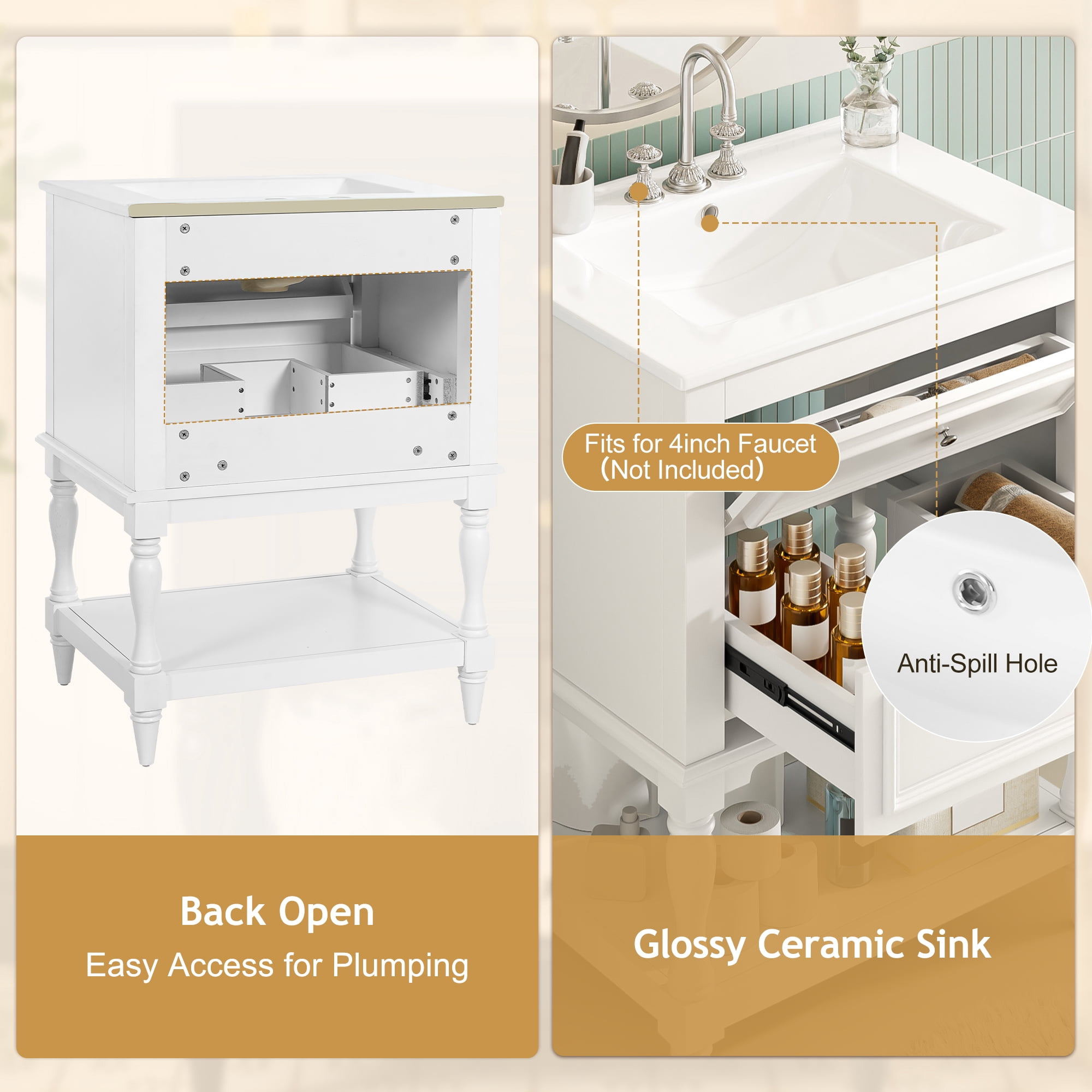 24" Bathroom Vanity with Ceramic Sink, Retro Design Storage Cabinet with 2 Drawers and Open Shelf, for Bathroom, White