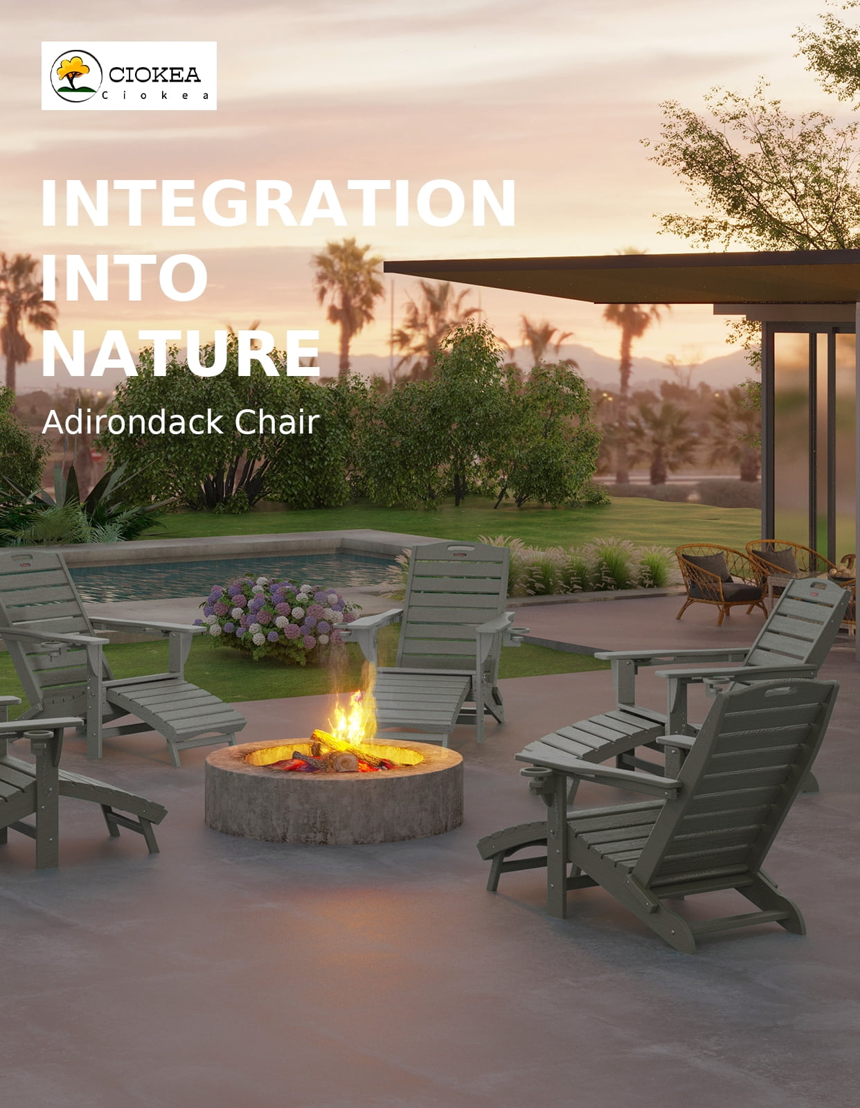 2 Pcs Folding Adirondack Chairs w/ Ottoman, All-Weather HDPE Patio Lounge Chair, Gray