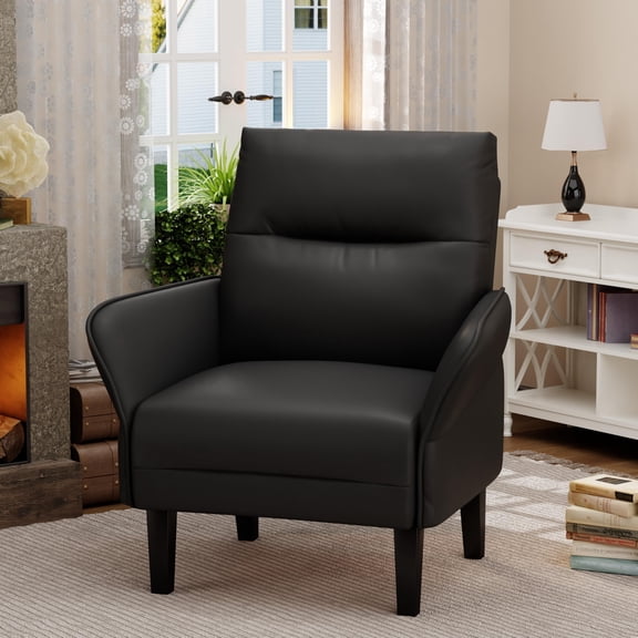 Black Faux Leather Mid-Century Accent Armchair with Wood Legs, Single