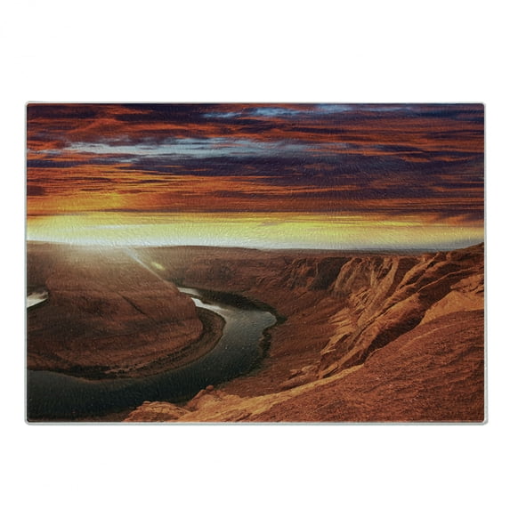 Landscape Cutting Board, Scenery of the River Between Rock Cliffs with Sky Image, Decorative Tempered Glass Cutting and Serving Board, Small Size, Orange Yellow, by Ambesonne