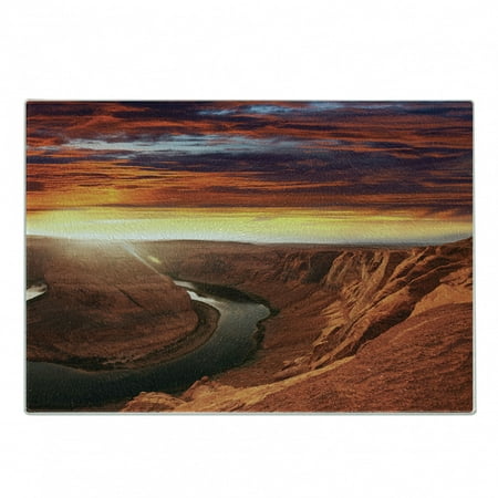 

Landscape Cutting Board Scenery of the River Between Rock Cliffs with Sky Image Decorative Tempered Glass Cutting and Serving Board Small Size Orange Yellow by Ambesonne