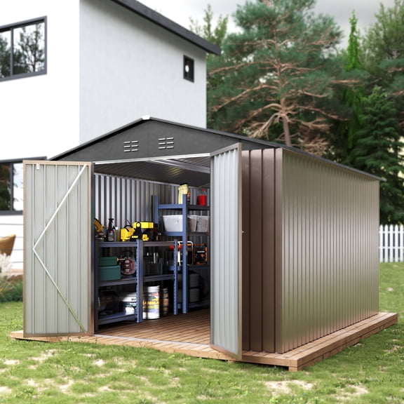 Pinypikaka 8x12 FT Metal Storage Shed with Heavy Duty Updated Frame Lockable Double Doors, Weather Resistant Outdoor Garden Shed for Backyard Patio Lawn, Tool Storage