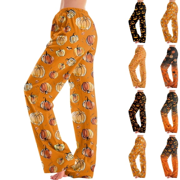 Women's Fall Wide Leg Pants, Pumpkin Printed Halloween Pajama, Elastic Waist Pants Casual Lounge Bottoms
