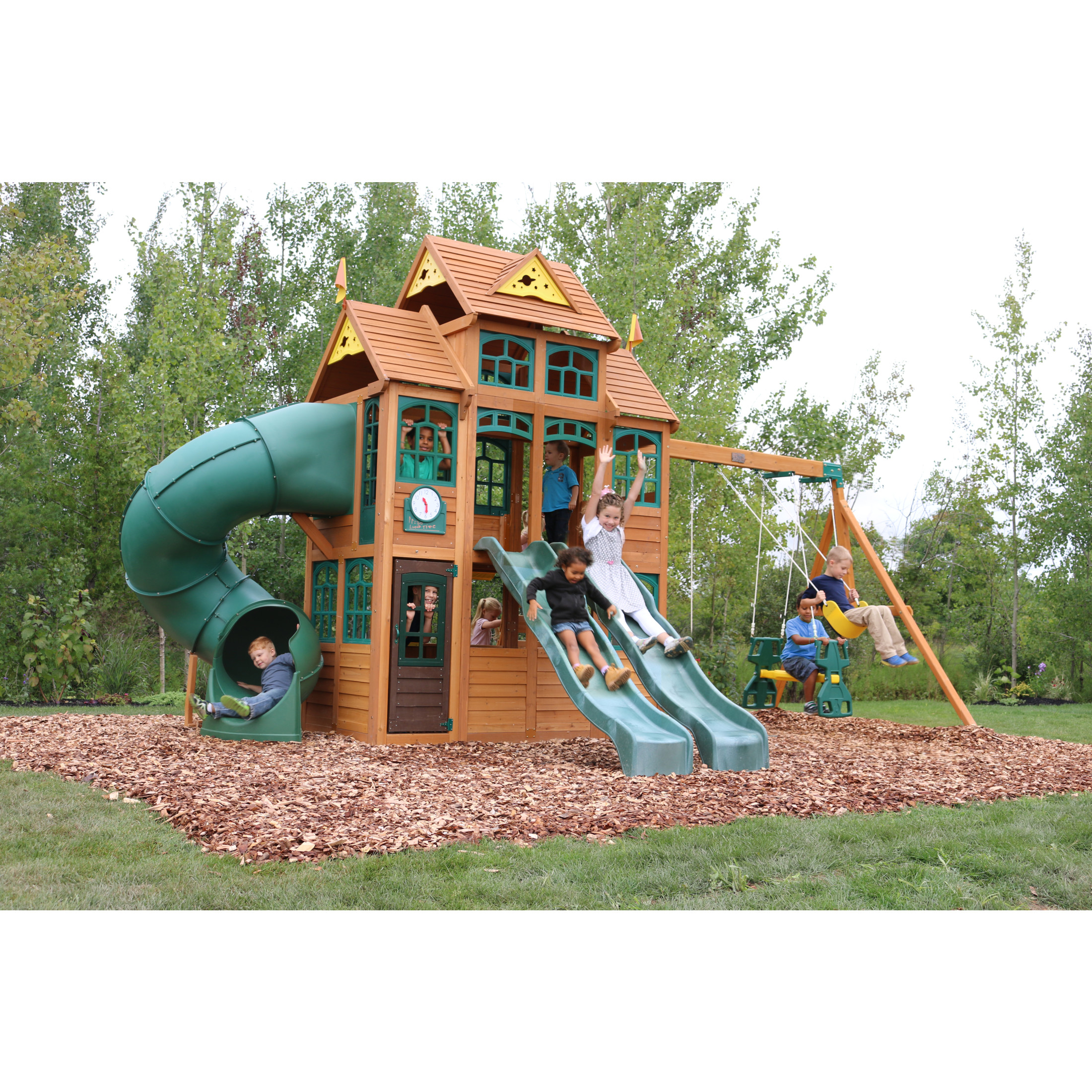 KidKraft Falcon Ridge Wooden Swing Set / Playset with Kitchen, Slides