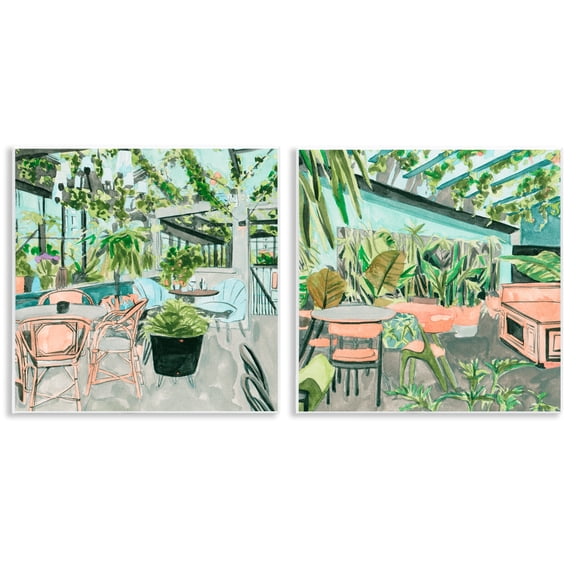 Stupell Industries Plant Filled Café Views Furniture Painting Unframed Art Print Wall Art, 12 x 12, Set of 2