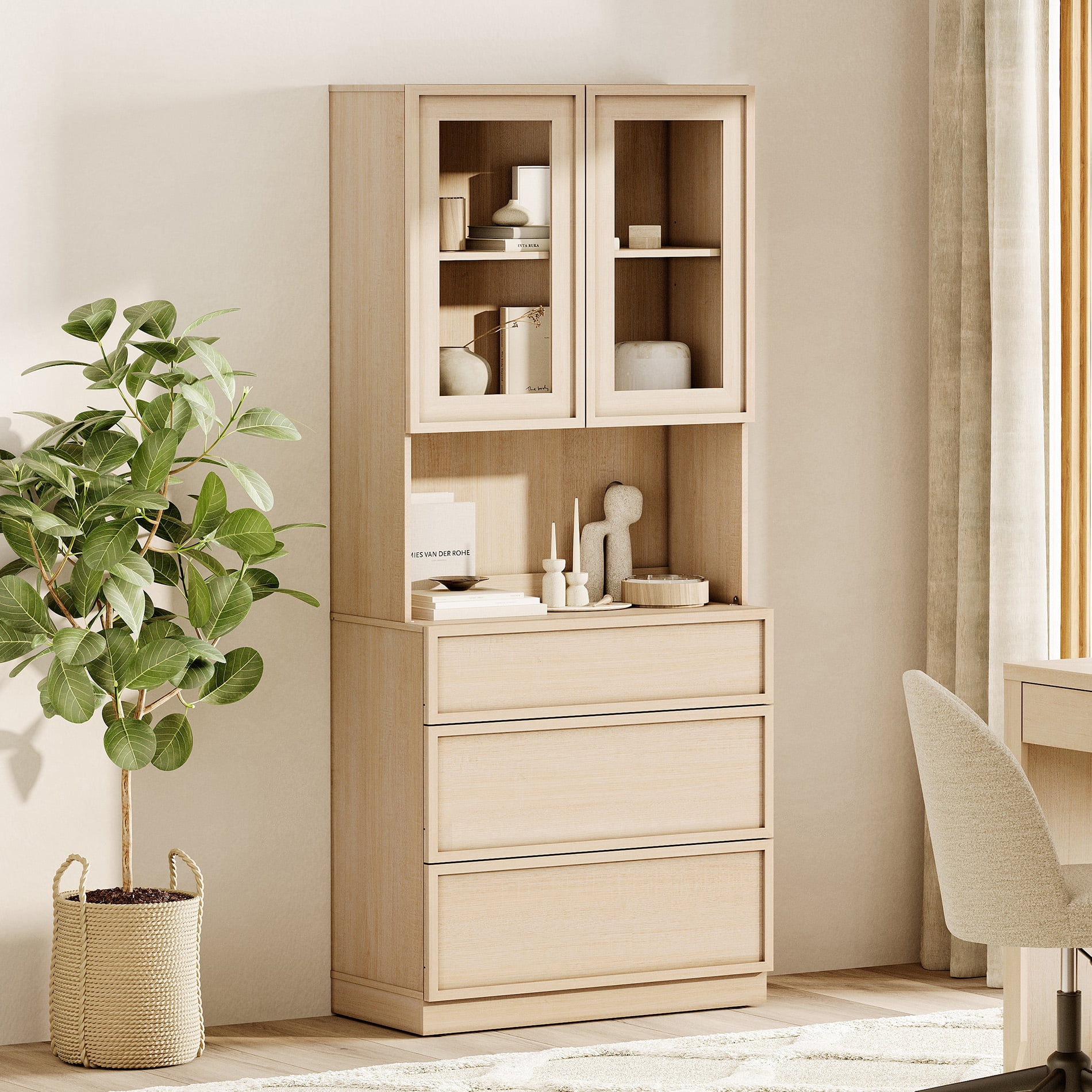Modern 72" Tall Bookshelf with 12 Drawers and Book Shelves, Library Bookcase with Storage Cabinet and Glass Display Shelves,Beige