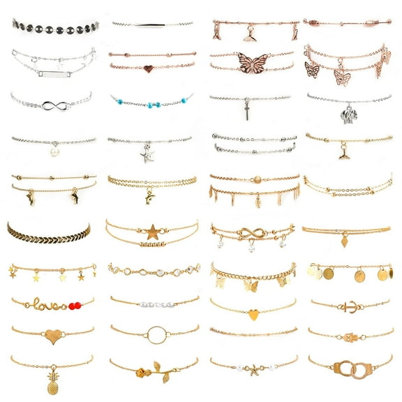 DIY.STORE 40PCS Ankle Bracelets for Women Set, Gold Silver Rose Gold Three Style Jewelry Anklets for Women Beach Jewelry Gifts Adjustable Size Beach Anklet Set
