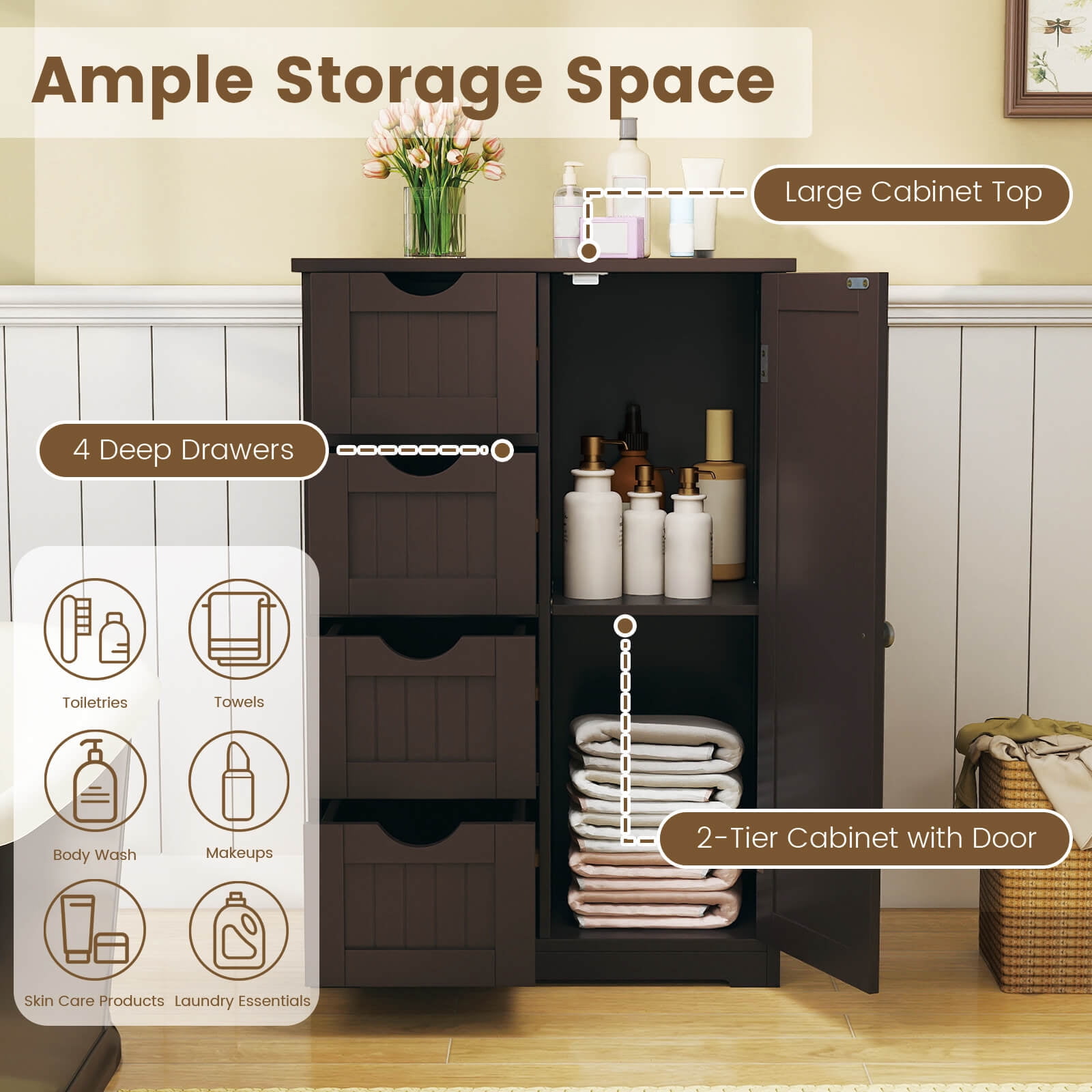 Costway 4-drawer MDF Board Free Standing Storage Cabinet with 2 Shelves in Brown