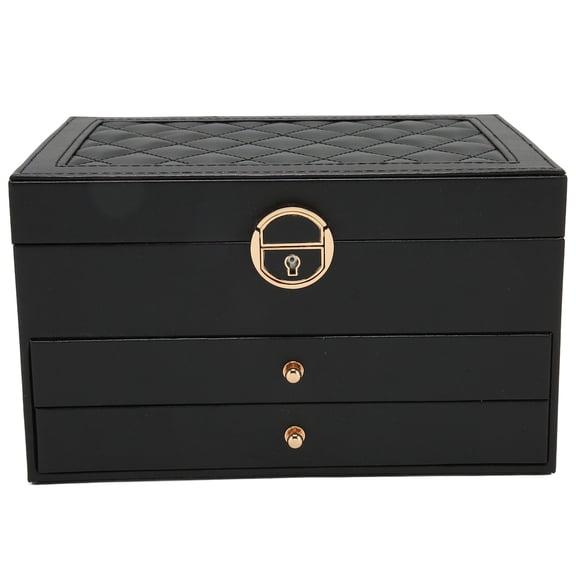 M Buder Premium PU Leather Jewelry Box Black Women Organizer Case 3 Layers 2 Drawers Lockable Storage For Necklaces Bracelets Rings Earrings Watch Display Holder 9.1 Inches / 23 cm