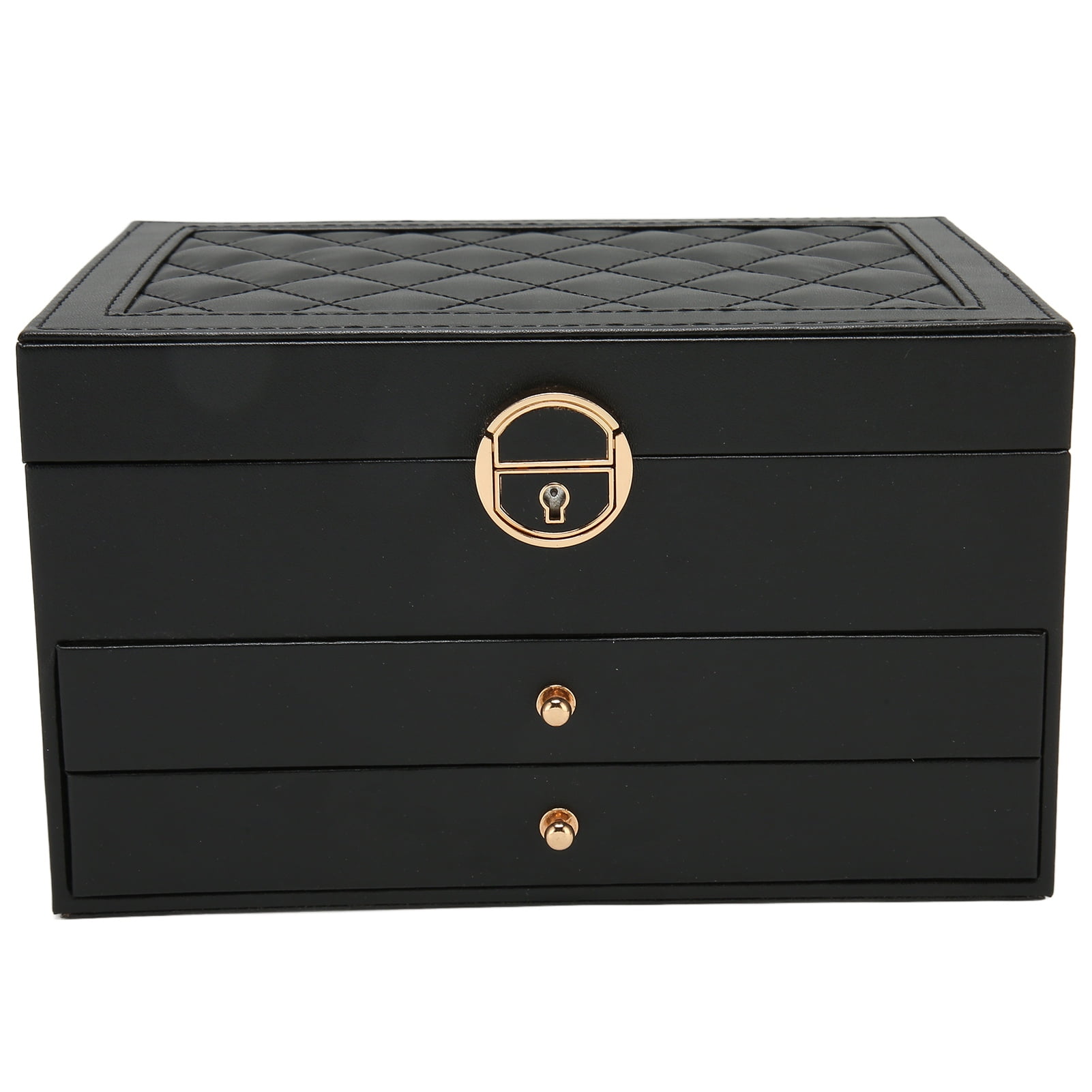 M Buder Premium PU Leather Jewelry Box Black Women Organizer Case 3 Layers 2 Drawers Lockable Storage For Necklaces Bracelets Rings Earrings Watch Display Holder 9.1 Inches / 23 cm