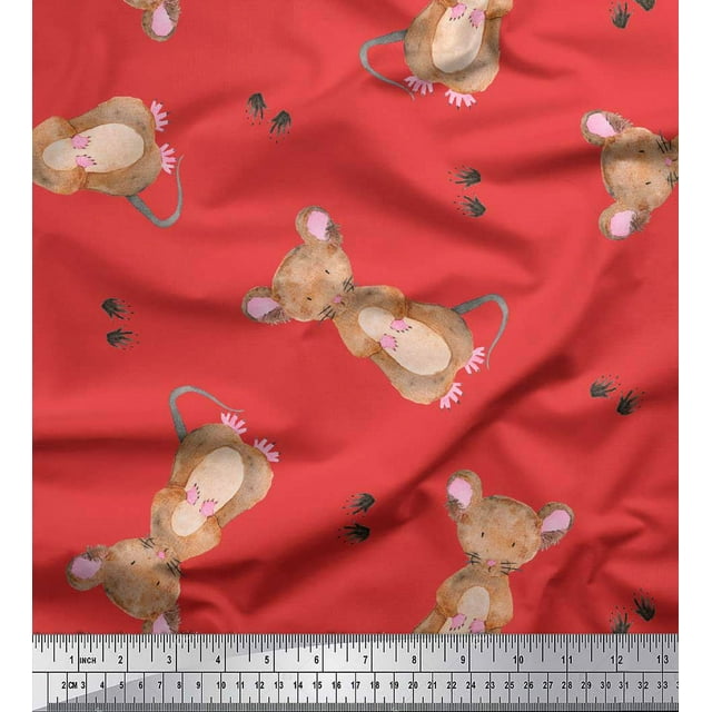 Soimoi Orange Heavy Satin Fabric Footprints & Mouse Kids Decor Fabric Printed Yard 56 Inch Wide