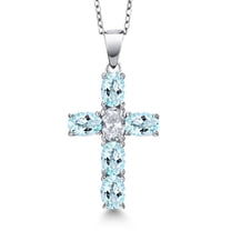 Gem Stone King 925 Sterling Silver Sky Blue Topaz and White Topaz Cross Pendant Necklace for Women | 3.10 Cttw | Gemstone November Birthstone | Oval 6X4MM | With 18 inch Chain