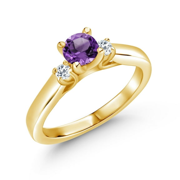 Gem Stone King 18K Yellow Gold Plated Silver Purple Amethyst and White Topaz 3-Stone Engagement Ring for Women (0.65 Cttw, Gemstone February Birthstone, Size 6)