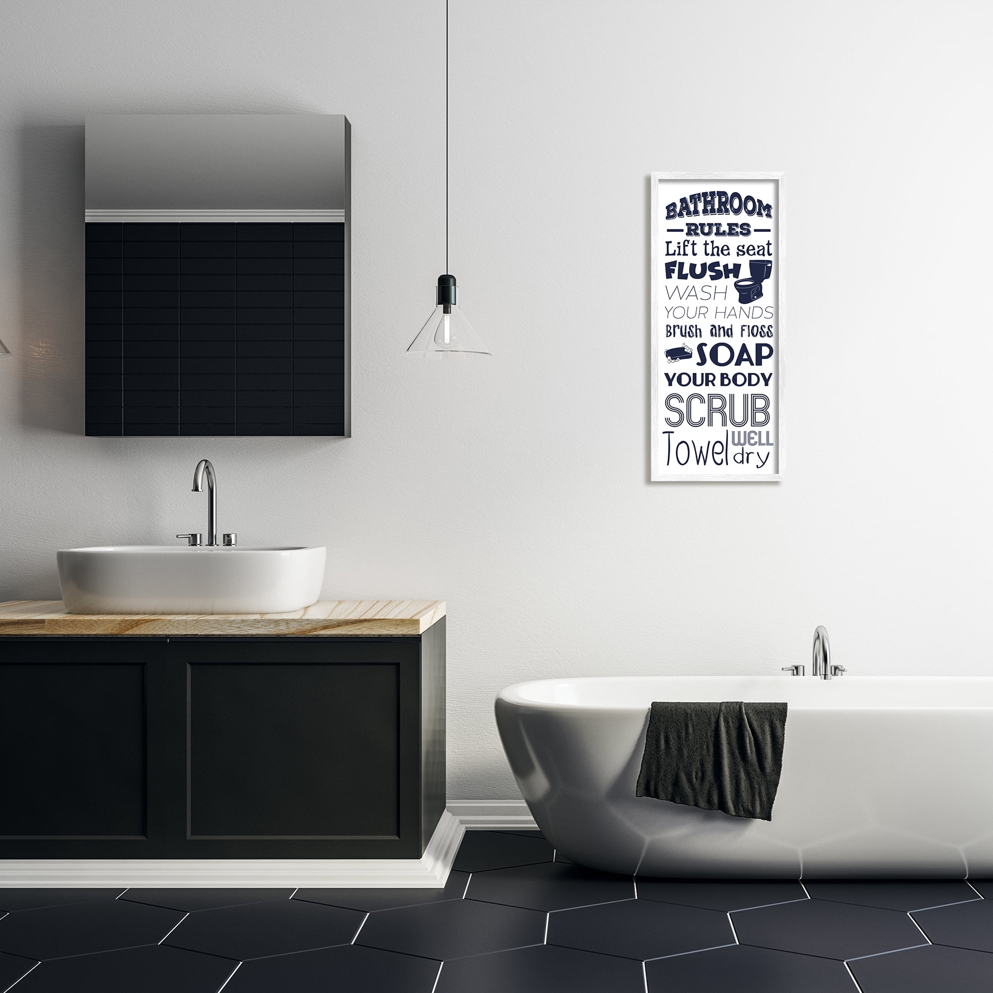 Stupell Industries Bathroom Rules Sign Navy Blue Toilet Bubbly Soap, 13 x 30, Designed by Marcus Prime
