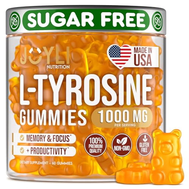 Joyli L Tirosina Gummies 1000MG - Suplemento de L-Tirosina para niños y adultos - Gomitas de calma y enfoque para el cerebro, la memoria, el estado de ánimo y la energía - 500 mg de L- Tirosina en pol