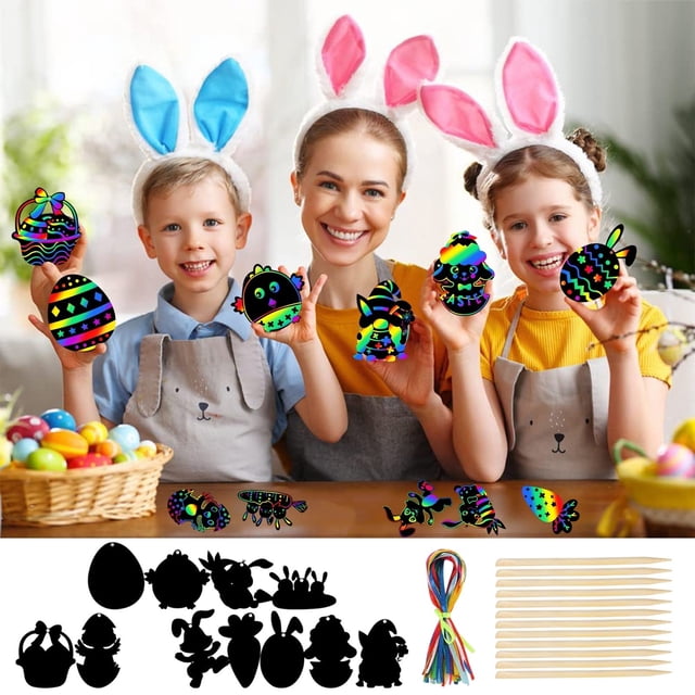 Set de Manualidades con Papel para Rascar de Huevos de Pascua (12 Mini Notas con Cinta de Colores y Palito de Madera). Ideal para Fiestas Infantiles, Decoración de Pascua y Árbol de Navidad.