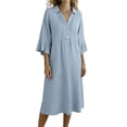 thumbnail image 2 of Women's Linen Casual Feel Shirt Dress Collared V Neck Half Sleeve Midi A-Line Swing Dress Relaxed Fit Flowy Work Office Daily Wear Breathable Apparel, 2 of 7