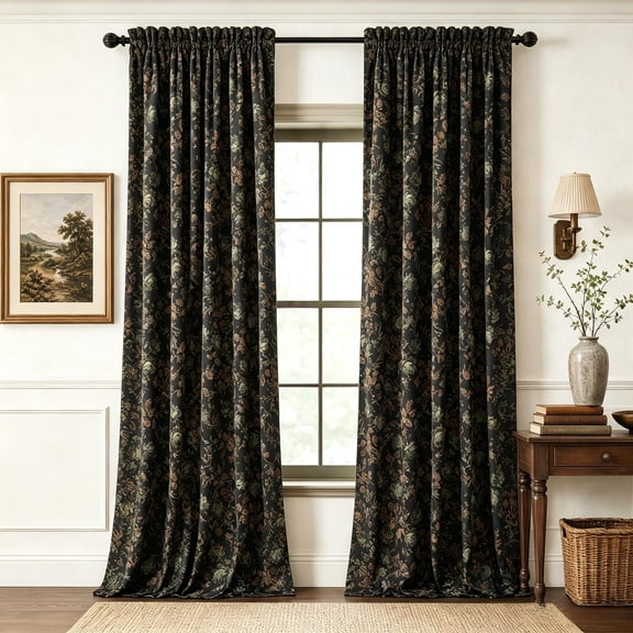 NICETOWN Velvet Curtains 84 inches Long, Printed Floral Vintage Thermal Insulated Room Darkening Rod Pocket Drapes for Bedroom Living Room, Black, 52"x84", 2 Panels