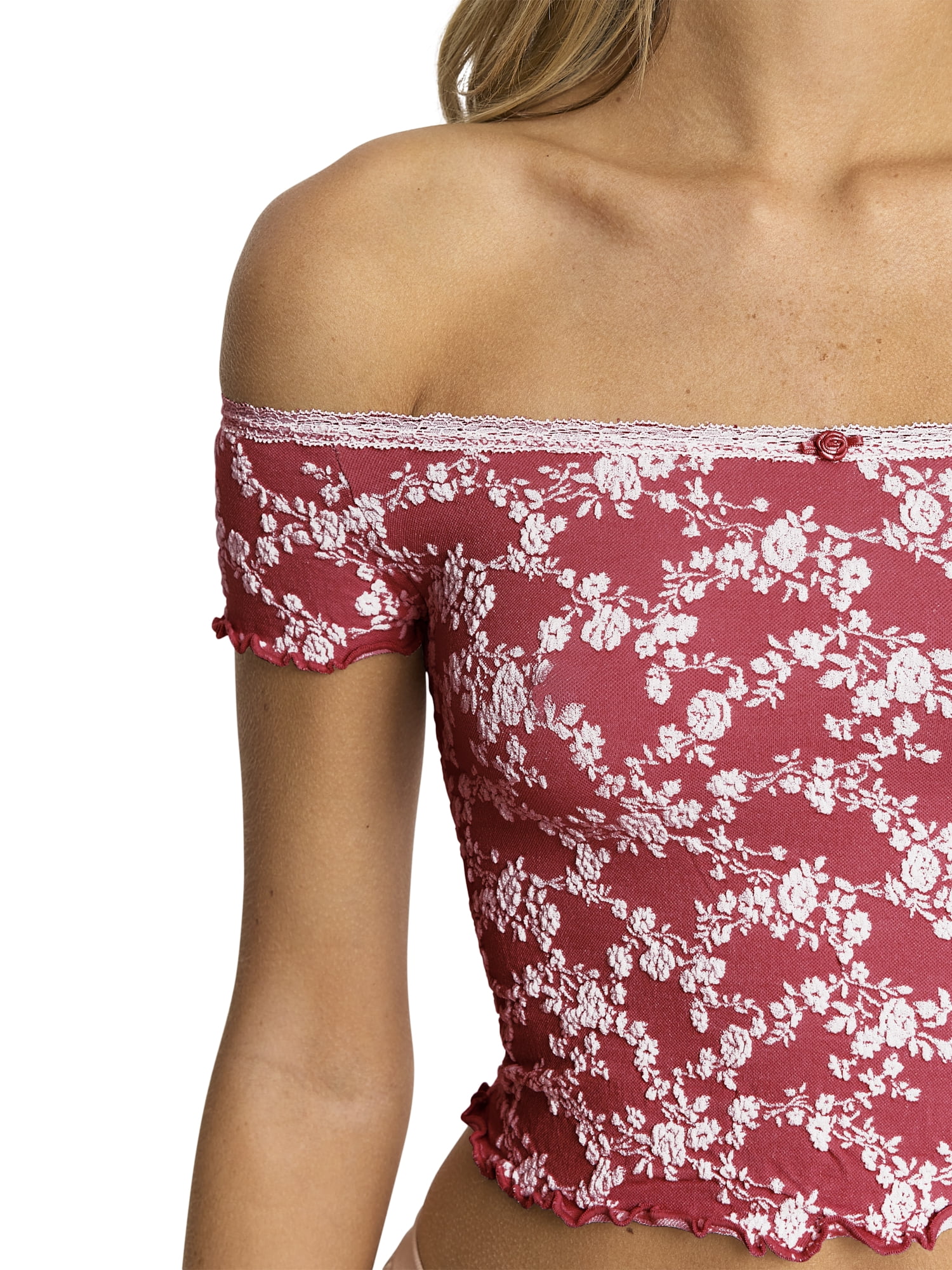 Mills by Millie Bobby Brown Women's Floral Seamless Off-Shoulder Crop Top, Sizes XS-XXXL