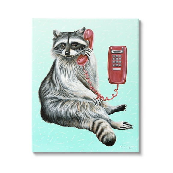 Stupell Industries Raccoon Lounging Cord Phone Vivid Turquoise Background Graphic Art Gallery Wrapped Canvas Print Wall Art, Design by Amelie Legault