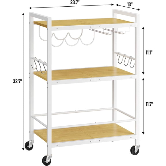 Bar Cart with Wine Rack and Glass Holder, Rolling Serving Cart for Kitchen Living Room Office, Mobile Beverage Stand with 4 Casters and Hooks, Natural   White