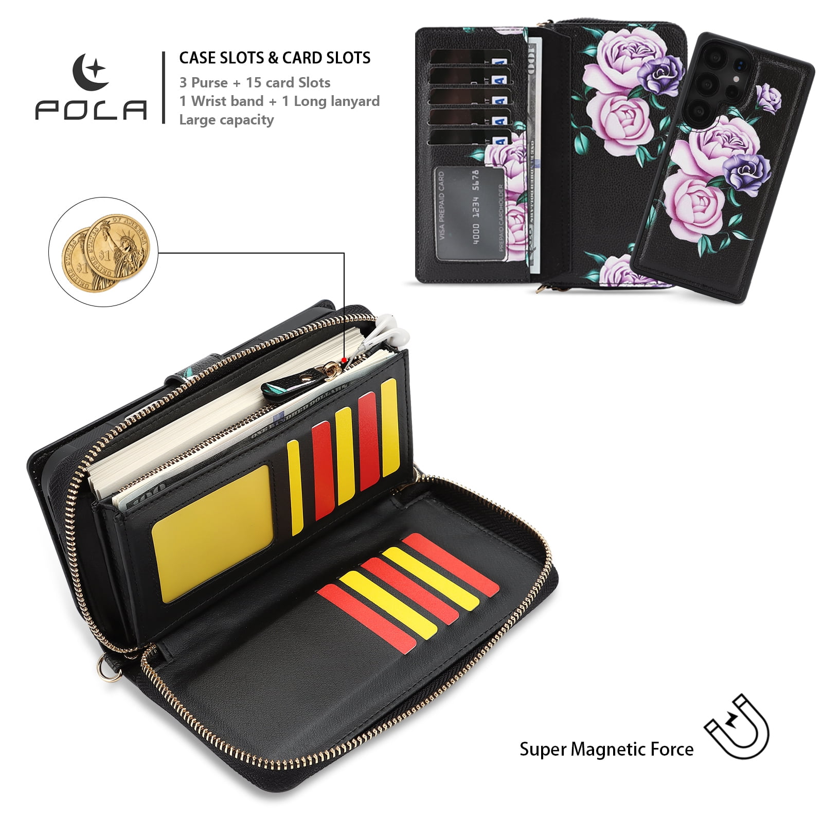 TECH CIRCLE 2-in-1 Wallet Case for Galaxy S23 (6.1", 2023), Detachable Magnetic Back Cover, PU Leather Flip Flower Phone Case with 15 Card Slots, Zipper Pocket, Wrist/Shoulder Strap, Black