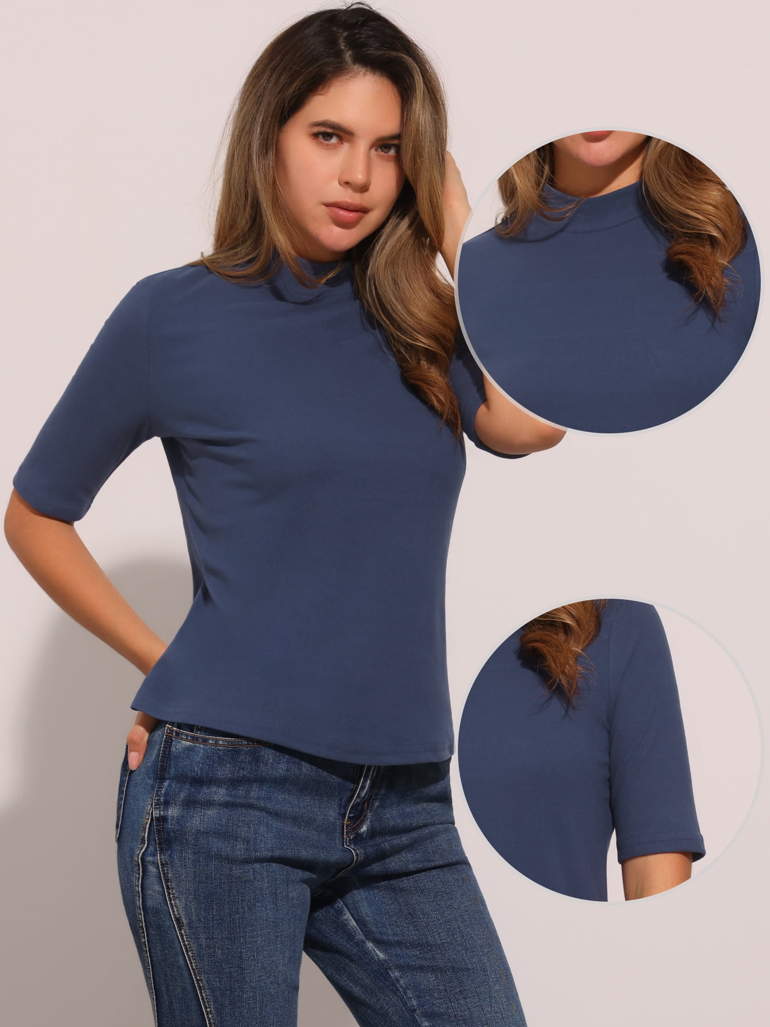 DARING DIVA Women's Half Sleeve Mock Turtleneck Casual Top L Gray Blue