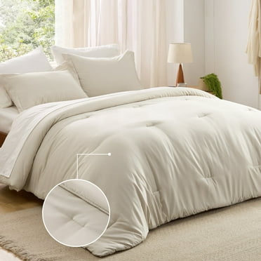 Cozy Comfort Queen Comforter Set Beige, 7 Pieces Soft Comforter for Queen Size Bed with Sheets, Pillowcases & Shams, All Season Boho Bed in a Bag Queen Size, Contrasting Design