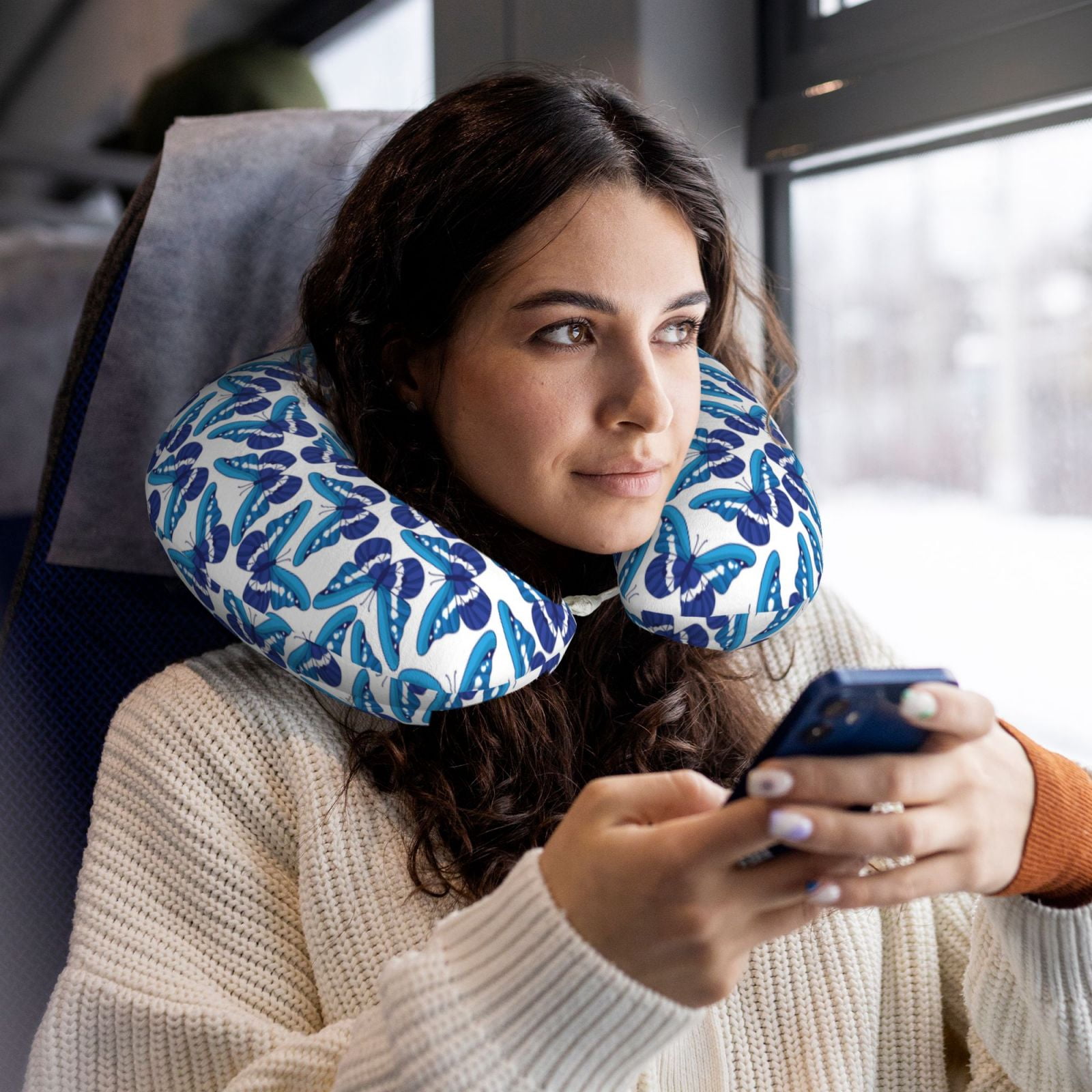 Xecao Blue Butterflies Print Memory Foam Cervical Neck Pillow Versatile U-Shaped Pillows for Home,Office,Camping,Travelling,Soft Washable Cover