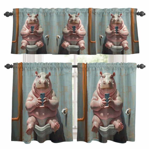 Bathroom Hippo Kitchen Curtains Sets for Windows 24 Inch Length, Toilet Animals Vintage Rod Pocket Window Treatments Tier Curtains and Valances Set for Bedroom/Bathroom