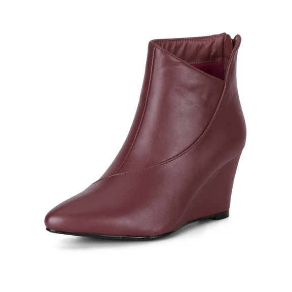 BLISSFUL STEP Women's Pointed Toe Zipper Wedge Heel Ankle Booties Burgundy 8.5