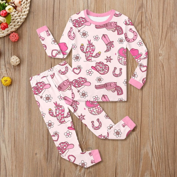 2 Piece Kids Pink Western Cowgirl Print Long Sleeve Top And Pants Set Cute Trendy Casual Dailywear Playwear Outfit,Pink2,130