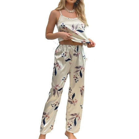 

Elegant Spaghetti Strap Pant Sets Sleeveless Beige Womens Pajama Sets (Women s)