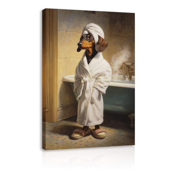 Funny Dachshund in Bathrobe Bathroom Canvas Wall Art, Whimsical Dog Print for Guest Bath & Kids’ Room, Ready to Hang