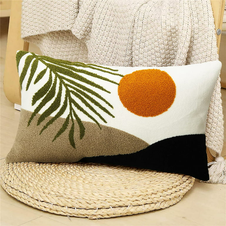 14X26 Natural + Black Embroidered Lumbar Pillow With Tassels