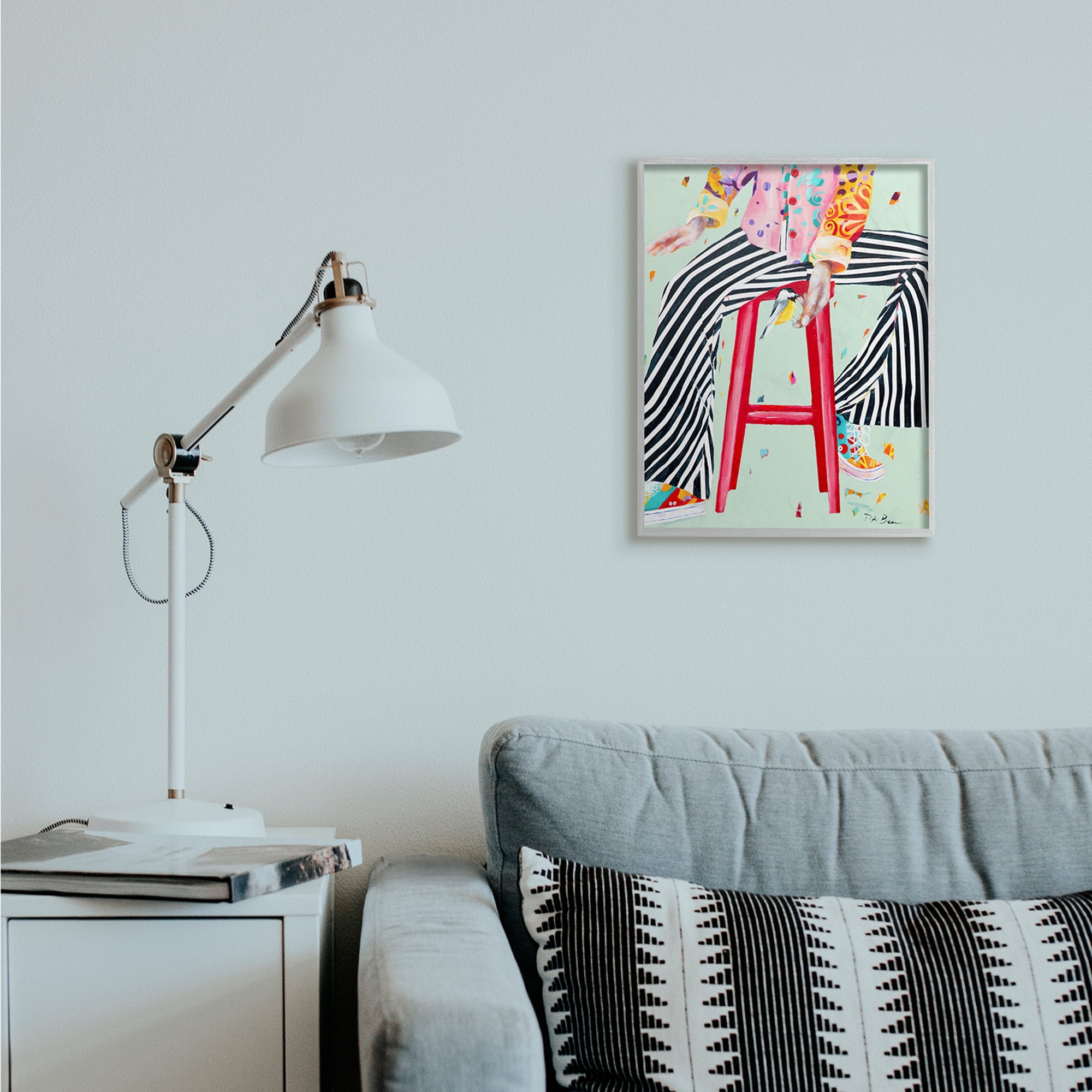 Stupell Industries Sitting On Stool with Bird Fun Expressive Fashion Grey Framed, 16 x 20, Design by Pamela K. Beer