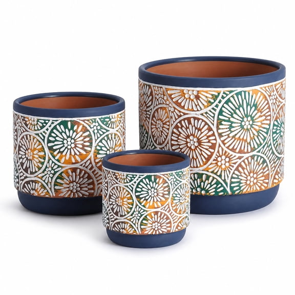 Blue Ceramic Plant Pots with Drainage Holes, 3-Piece Set, 3.5-5.7 in