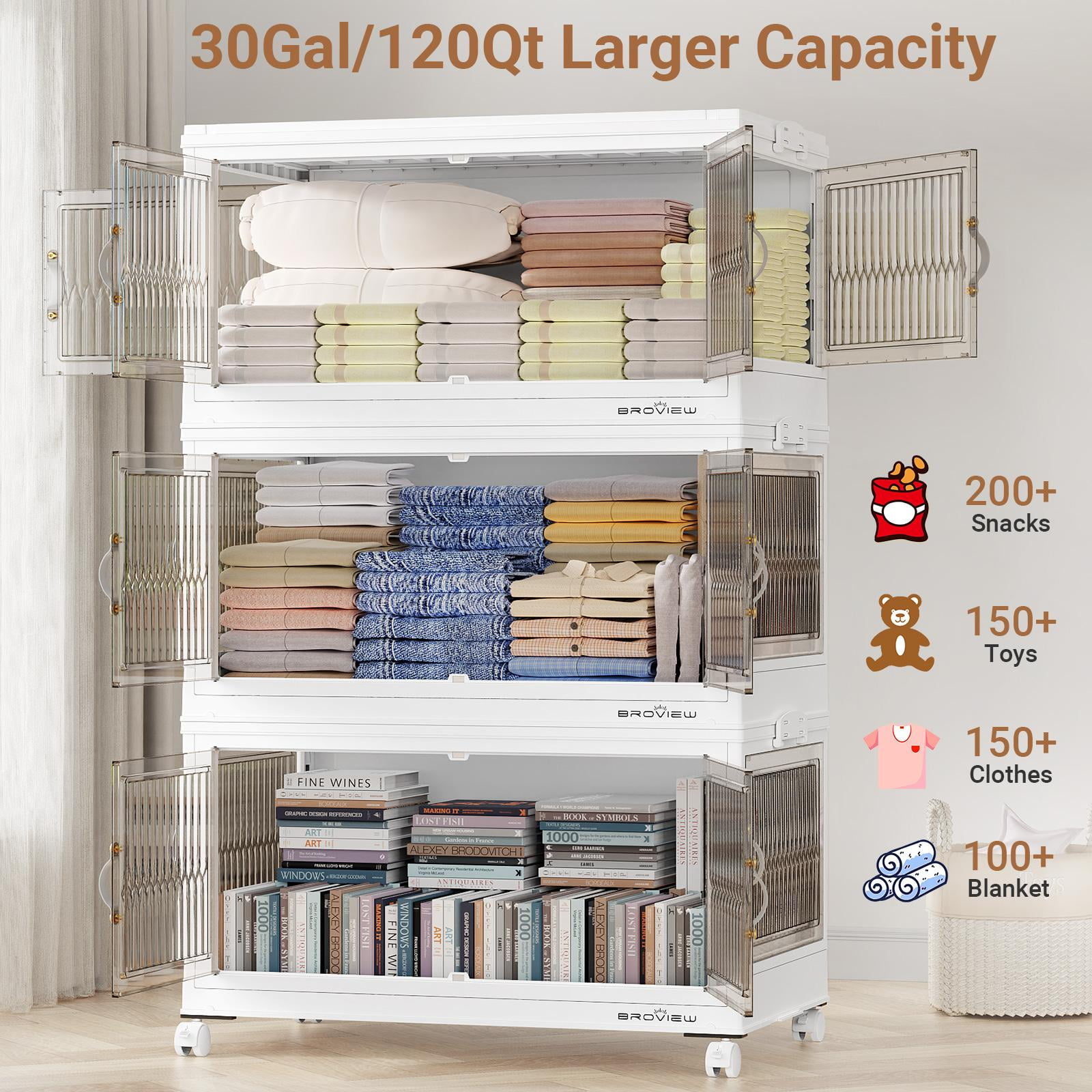 BROVIEW 360QT Large Stackable Storage Bins with Lids and Wheels, Plastic Closet Organizer and Storage Drawer, Collapsible Storage Cabinet with Doors for Home Kitchen, 3Pack White