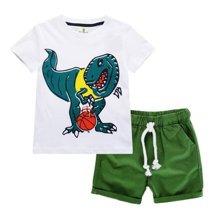

OVTICZA Toddler Baby Boy 2 Piece Outfit Summer T Shirts and Shorts Set Cartoon Dinosaur Short Sleeve Clothing Set with Green 90 100 110 120 130 140