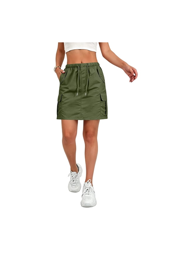 Summer Skirts for Women Elastic Waist Cargo Skort Casual Hiking Travel Golf Skirts Drawstring Knee Length Mini Skort Green XL