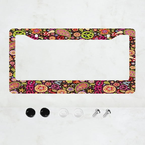 1 piece of hippie colorful retro flowers, peace and yin-yang license plate frame, car decoration label logo, durable metal license holder universal suitable for SUVSedan Van Trucks