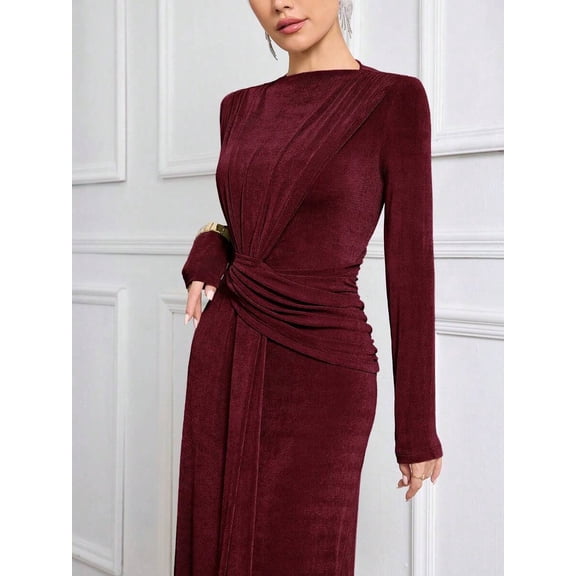 Burgundy Womens Long Sleeve Ruched Knit Elegant Modest Maxi Dress