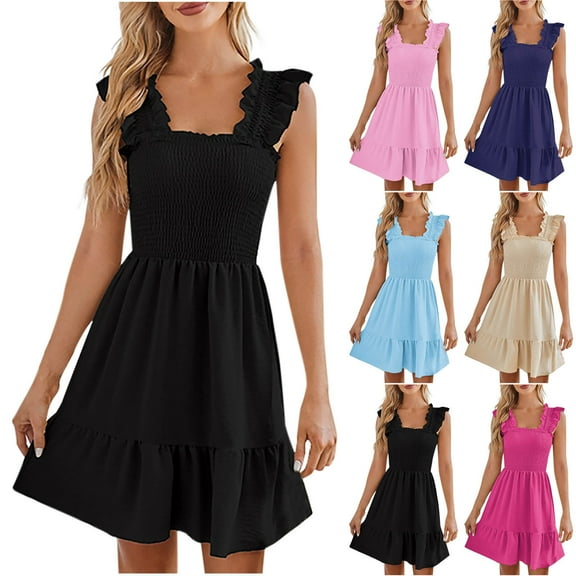 Tumotour Summer Dress for women Solid Color Square Neck Sleeveless Ruffle Dress High Waist Smocked Strappy Casual Short Mini Dresses Ear Flounce Wrinkled Hem Dress