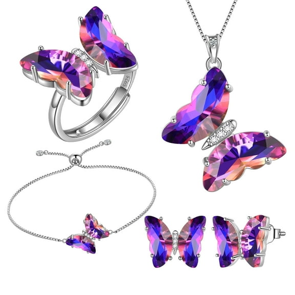 Purple Butterfly Jewelry Sets 5PCS, February Birthstone Set Amethyst Fine Necklace Earrings Bracelet Ring Crystal Sterling Silver Women Mother's Day Gift