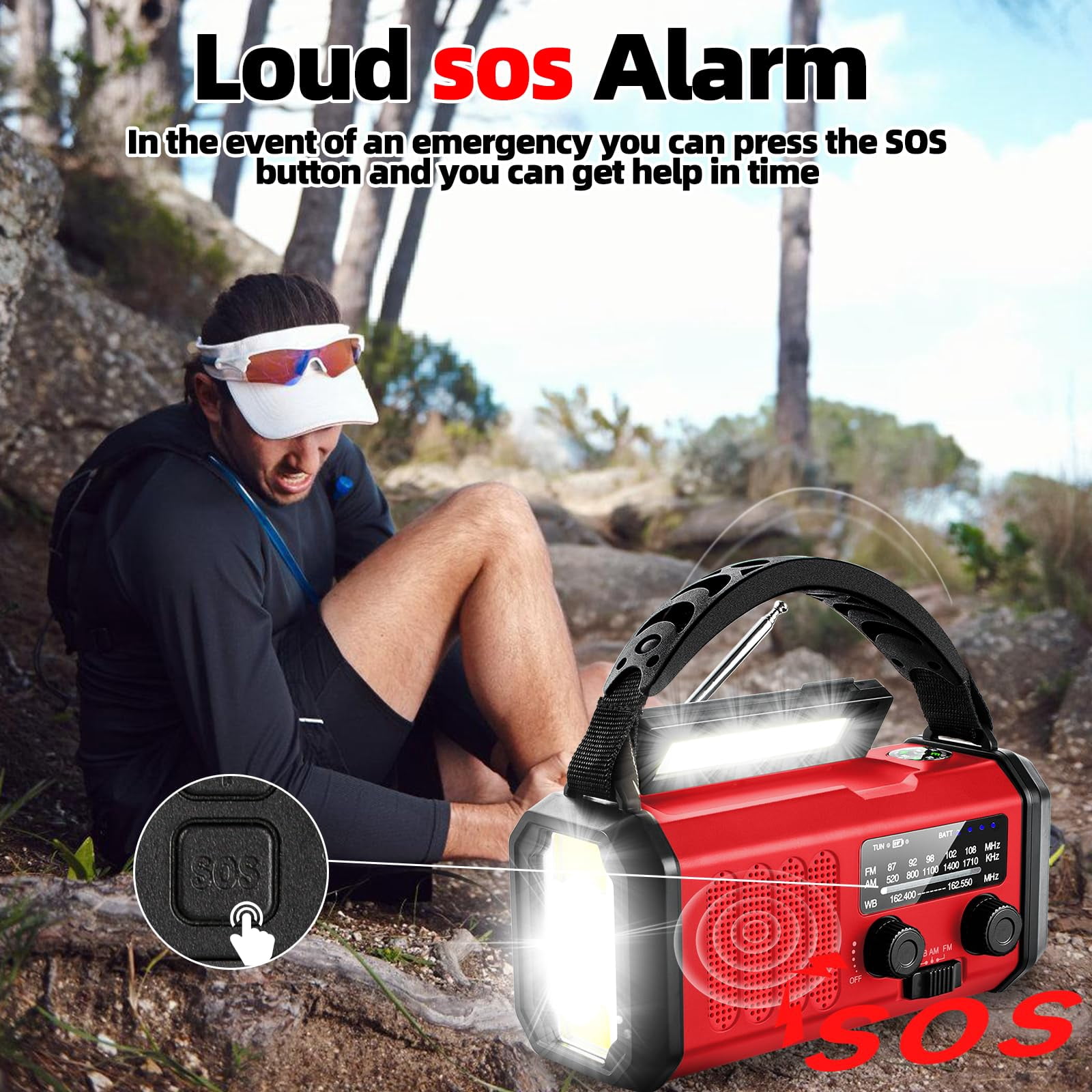 Emergency Weather Radio 37000mwh Portable Noaa/am/fm Crank  Reading Light Solar Sos Flashlight Multiple Power Sources For Hurricanes And Emergencies