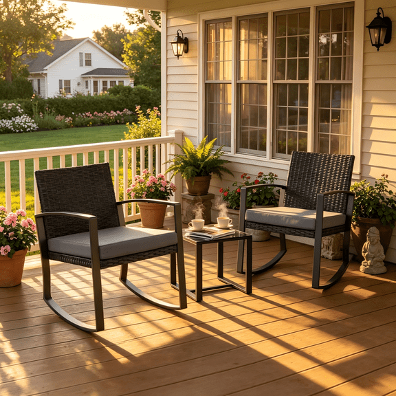Lofka 3 Piece Patio Furniture Set, All Weather Wicker Outdoor Rocking Chair Set with Thick Soft Cushions and Tempered Glass Coffee Table, Outdoor Seating Set for Backyard Balcony Porch Garden, Gray
