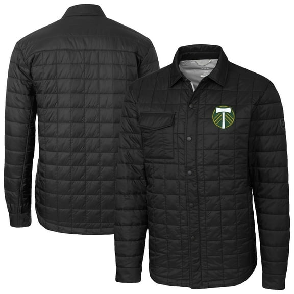Men's-Cutter & Buck  Black Portland Timbers Big & Tall Rainier PrimaLoft Eco Insulated Full-Snap Quilted Shirt Jacket