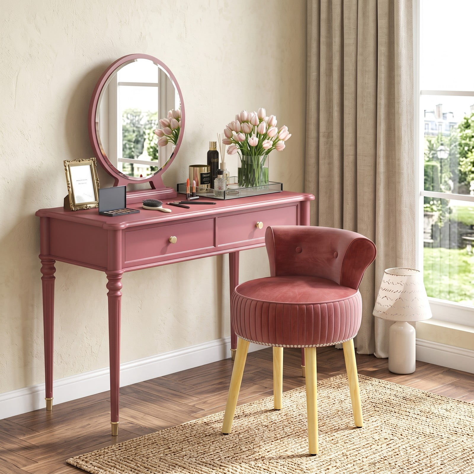 Furnibear Velvet Vanity Chair with Tufted Low Back and Solid Wood Legs for Bedroom Makeup and Dressing Table Seating, dusty rose