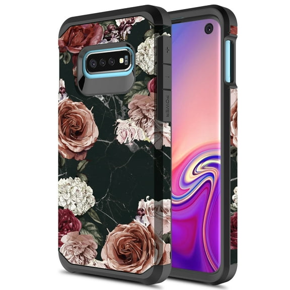 Samsung Galaxy S10 Case, Rosebono Slim Hybrid Shockproof Hard Cover Graphic Fashion Colorful Skin Cover Armor Case For Samsung Galaxy S10 (Black Marble Flower)